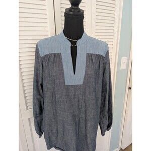 Lands' End Chambray Shirt Womens 10-12 Top Blue Peasant Blouse Boho Denim Casual